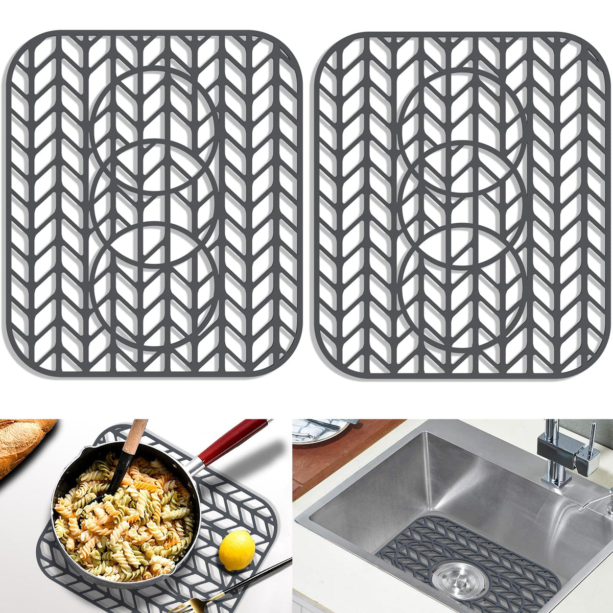 GUUKIN Sink Protectors for Kitchen sink, 13 5/8" x 11 5/8" Folding Non-slip Silicone Sink Mat Grid for Bottom of Farmhouse Stainless Steel Porcelain with 3 Reserved Holes Pack of 2