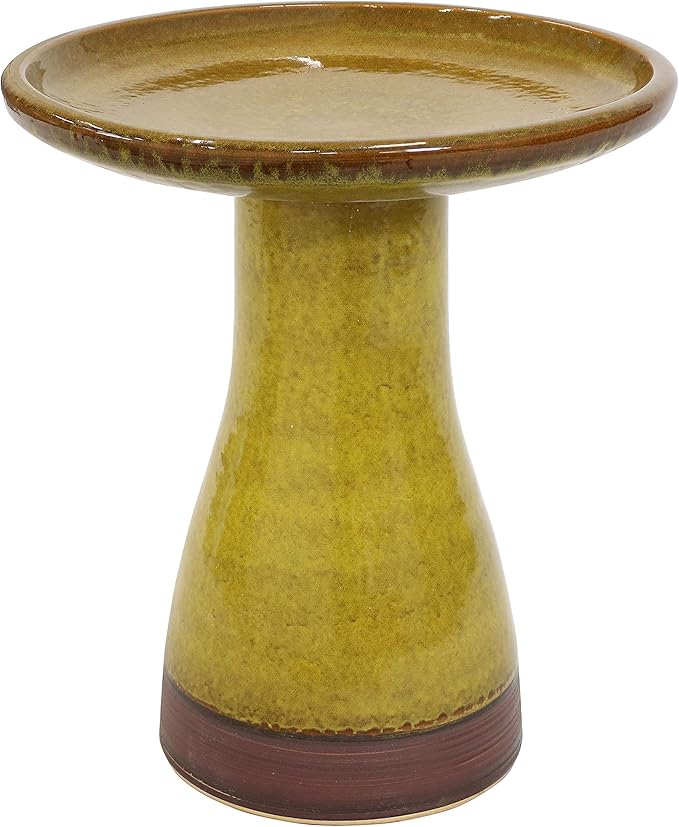 Sunnydaze 21" H Ceramic Bird Bath for Outside - Hand-Painted Outdoor Bird Bath Bowl, UV/Frost-Resistant Finish - Cognac Yellow - Ribbed Pedestal