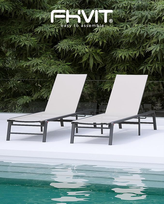 Aluminum Chaise Lounge Chair Outdoor, Foldable Patio Lounge Chair 2 Sets Assemble-Free, Pool Lounge Chairs with 5 Adjustable Backrest, Outdoor Lounge Chairs for Outside Poolside Beach Lawn Beige