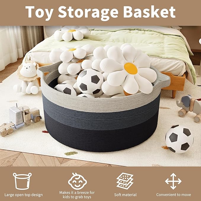 125L Extra Large Blanket Basket, 25" x 16", Jumbo Laundry Woven Basket Decorative Home, Cotton Rope Basket with Handles, Baby Toy Basket for Storage, Gradual Blue