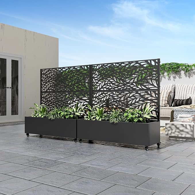 Casaphoria Metal Raised Garden Bed with Trellis and Wheels, 47"x47"x16" Planter Box for Climbing Plants, Vegetables & Vines, Features Drainage Holes and Privacy Screen (Black-Spring)