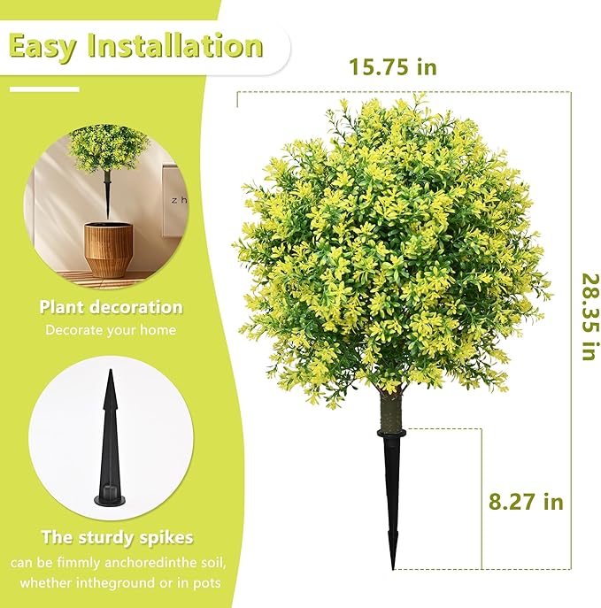 28" Artificial Boxwood Topiary Tree Yellow– UV Resistant Outdoor Faux Topiary Plant, Realistic Fake Topiary Bush for Porch, Patio, Front Door, Fake Evergreen Tree Home Decor