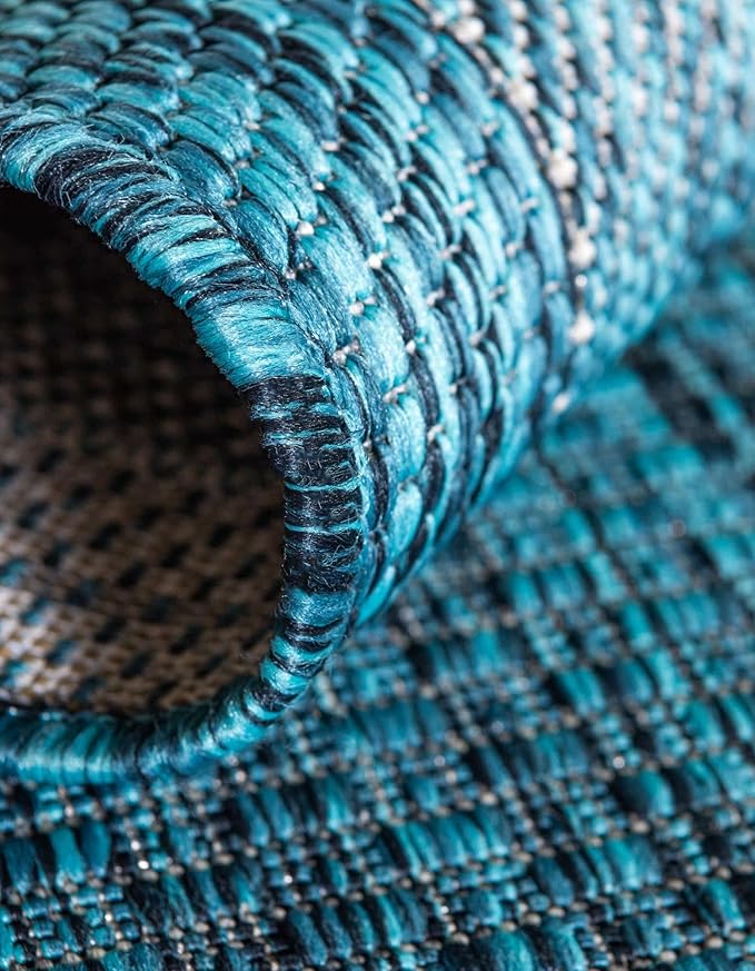 Unique Loom Outdoor Border Collection Area Rug - Soft Border (5' 1" Square, Teal/ Ivory)