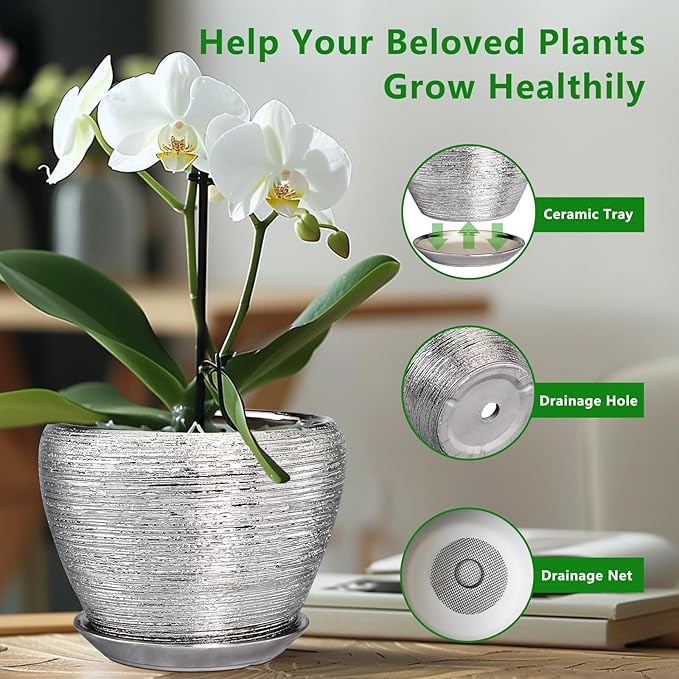 Flower Pot - 10 Inch Planter with Drainage Hole and Saucer - Indoor/Outdoor Decorative Mid-Century Planter - Silver
