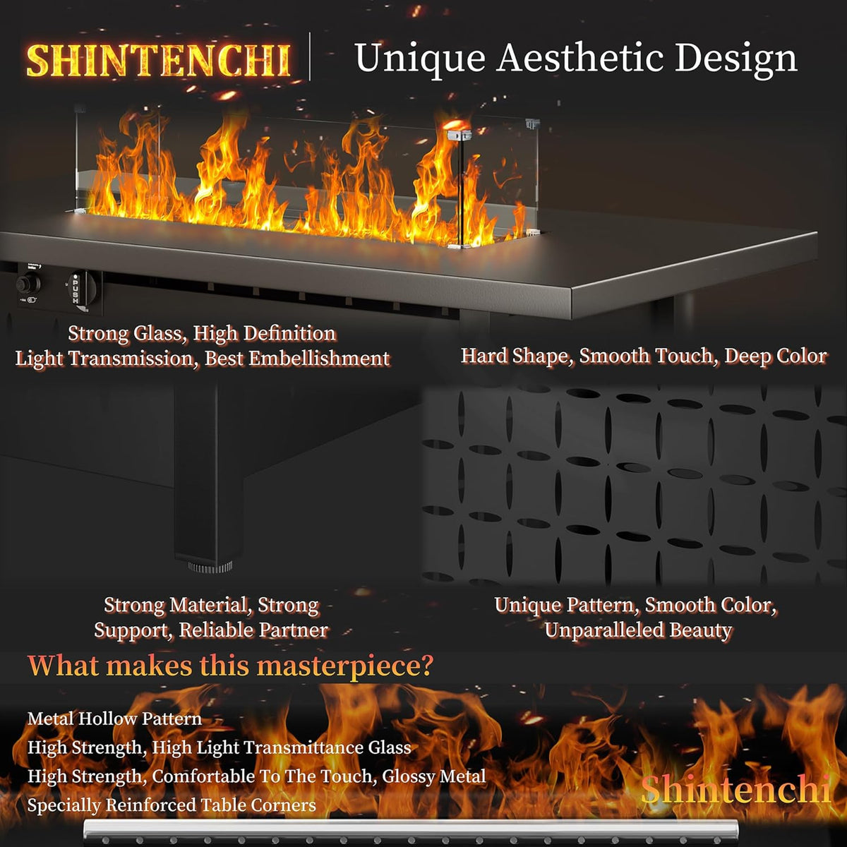Shintenchi 43 Inch Fire Pit Table, 50,000 BTU Outdoor Propane Fire Table, Outdoor Steel Propane Fire Pit with Lid and Lava Rock for Garden, Yard, Camping, Pool Use, Black