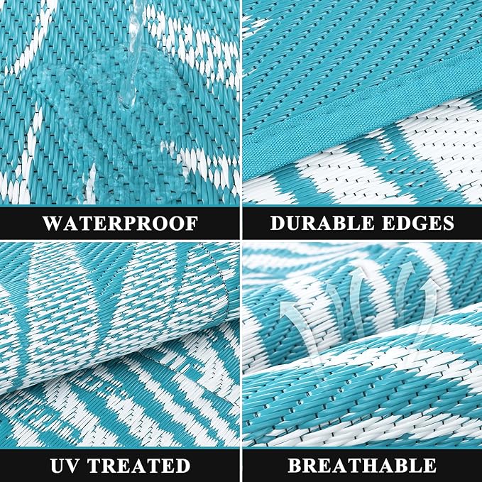 Pauwer Waterproof Outdoor Rug 6x9, Reversible Plastic Straw Patio Camping Rug, Indoor Outdoor RV Mat Carpet for Deck, Camper, Porch, Balcony, Backyard, Picnic, Leaf Teal