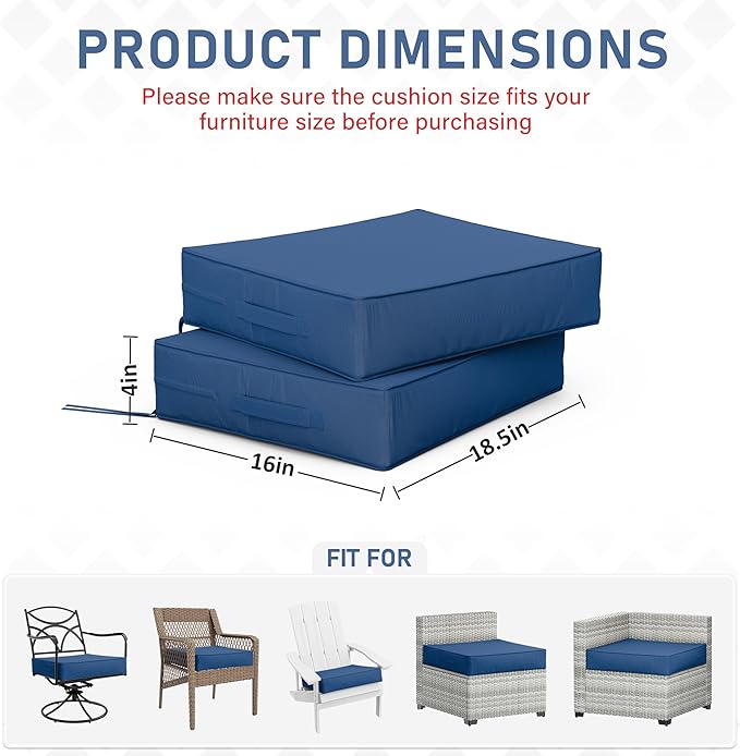 Patio Chair Cushions 18.5 X 16 X 4 Inch Waterproof Outdoor Seat Cushions for Patio Furniture, Outdoor Sofa Couch Pads with Ties & Handle, Set of 2, Blue