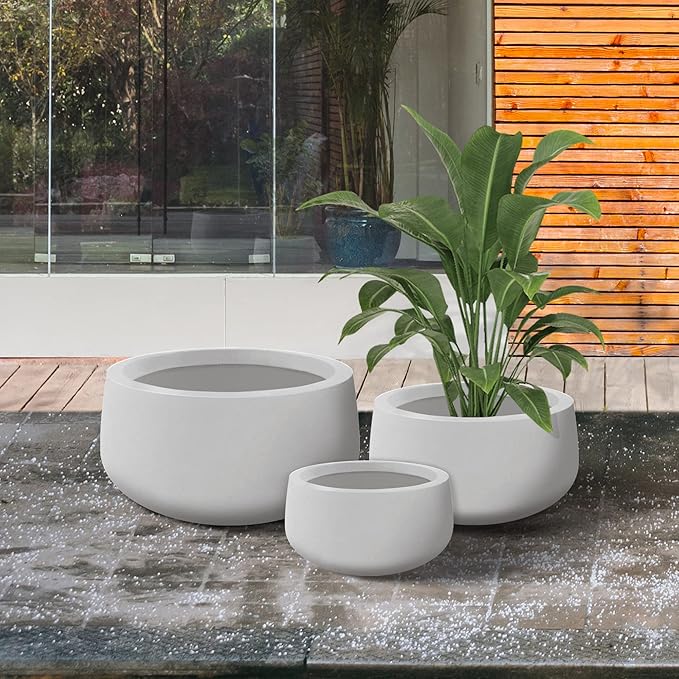 Kante 19.6",15.7",11.8" Dia Round Concrete Planters Set of 3, Outdoor Indoor Garden Plant Pots with Drainage Hole and Rubber Plug, Modern Curvaceous Design, Pure White