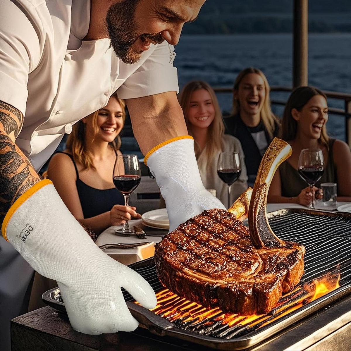 DEYAN Silicone BBQ & Oven Gloves - Food Grade, Heat Resistant Waterproof & Oil Proof Gloves for Grilling, Baking, Frying, Cooking - Long Sleeve & Non-Slip Grip, 1 Pair (White, 10/XL)