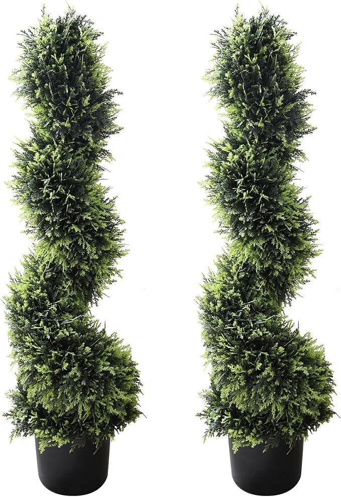 39 inchBoxwood Artificial Cedar Spiral Topiary Trees – Decorative Fake Greenery in Planter Pots for Front Porch, Outdoor Walkway, Entryway Decorating, Set of 2
