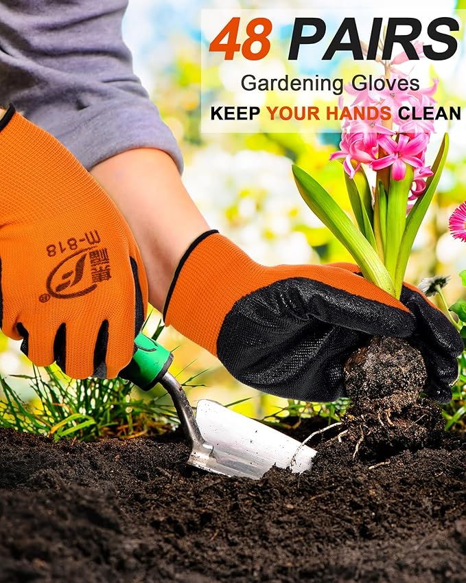 Nuogo 48 Pairs Gardening Gloves for Men Women Rubber Coated Safety Work Gloves Bulk for Gardening Construction Work