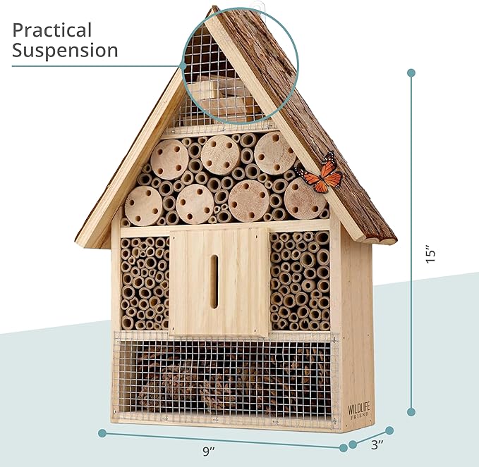 I Large Insect Hotel with bark roof Natural, Weatherproof, Insect House Made of Natural Wood for Bees, Ladybugs, lacewings, Butterflies, bee Hotel, Nesting aid for Hanging