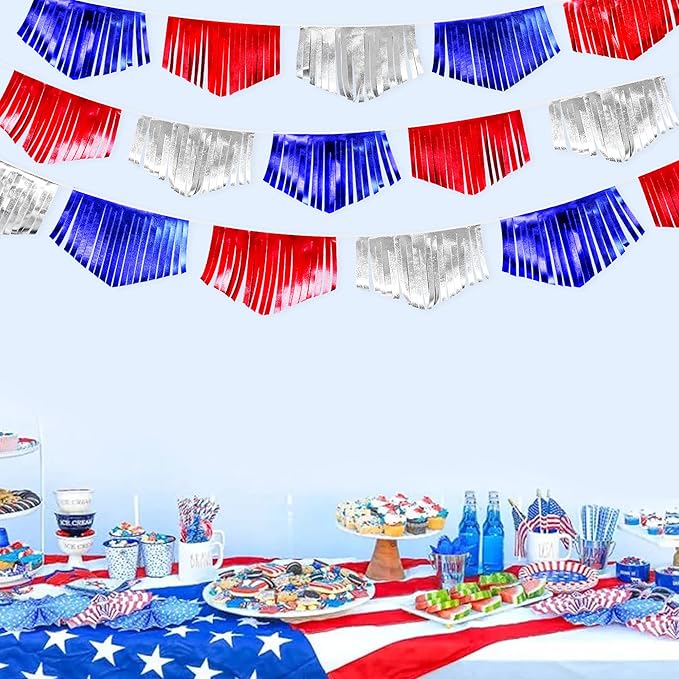 Blue Red Silver Tassel Banner Metallic Fabric Pennant Bunting Flag for 4th of July American USA National Day Patriotic Veterans Graduation Wedding Birthday Retirement Nautical Party Decorations