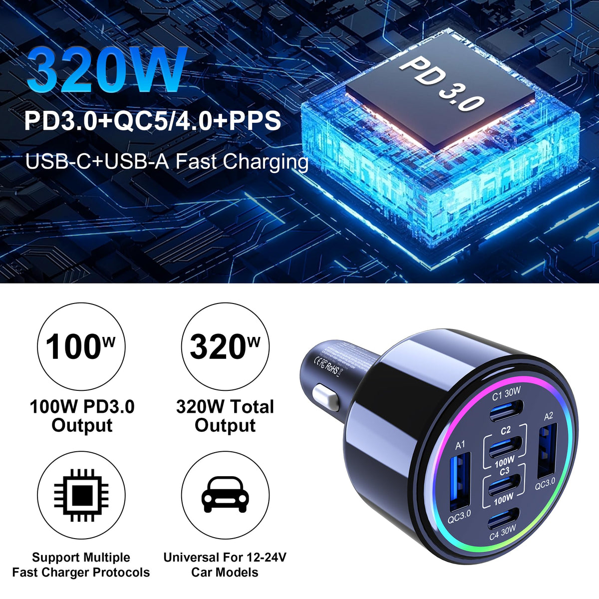320W USB C Car Charger, 6 Ports Type C Car Charger