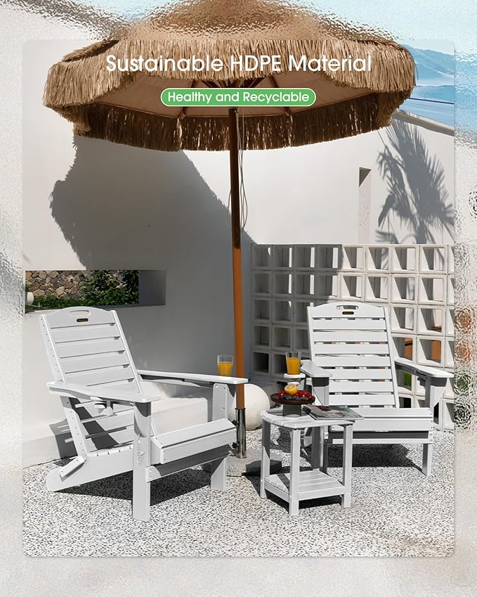 Adirondack Chairs Set of 4, Outdoor Fire Pit Chairs, HDPE All-Weather Adirondack Chairs with Cup Holder, Lawn Chair for Deck, Patio, Garden (White)