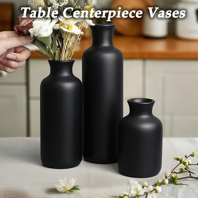 Resin 3 Piece Vase Set, Farmhouse Decor, Home Decorative Vase, Vases for Your Kitchen, Bedroom, Office, Living Room, Bathroom, & Shelf Centerpiece Table Decorations, Black