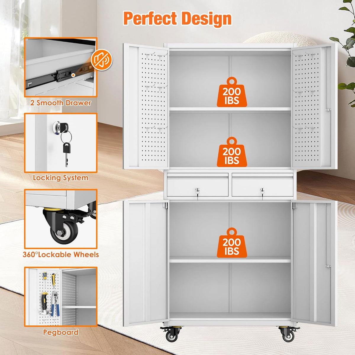 Aobabo Metal Storage Cabinet with 2 Locking Drawer and Pegboard, Steel Rolling Tool Cabinet with 8 Hooks and 2 Adjustable Shelves for Garage, Home, Office, Kitchen Assembly Required, White