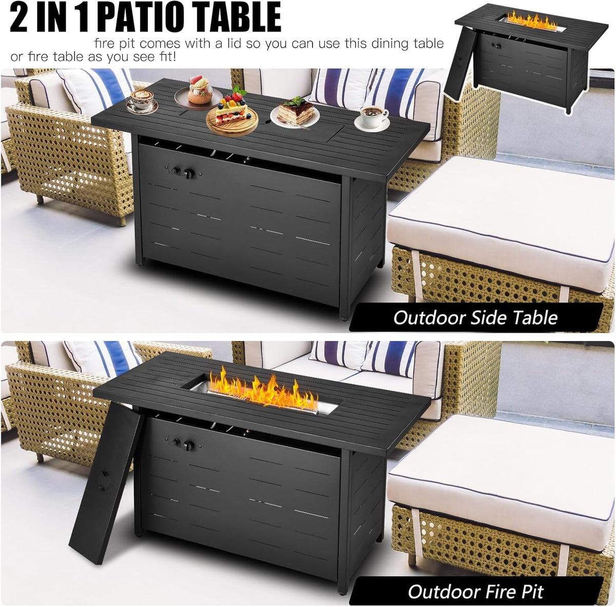 45 inch Propane Fire Pit Table,50000 BTU Gas Fire Pits Table with Lid & Lava Rock & Waterproof Cover, Outdoor Propane Firepit for Dining or Party, Outside, Patio, Garden, Yard