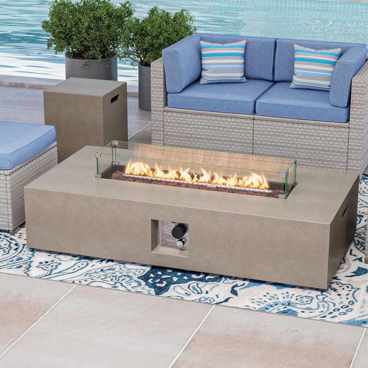 COSIEST 2-Piece Outdoor Propane Fire Table Set, Rectangle Concrete 56" x 28" Gray Fire Pit (CSA Certified, 50,000 BTU) w 20lb Tank Table, Wind Guard, Waterproof Cover for Garden, Porch, Backyard