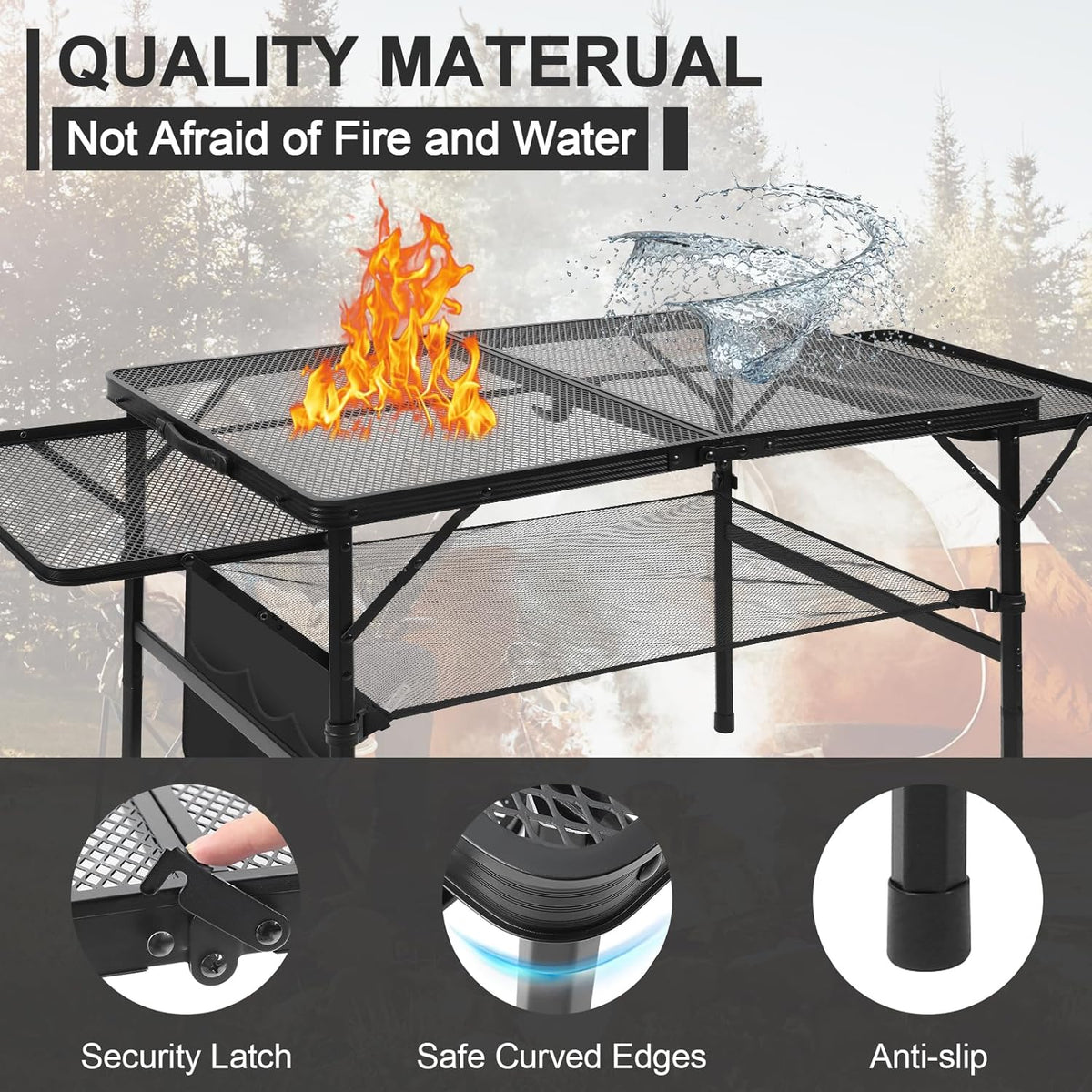 Folding Grill 4.4 FT Portable Camping Table with 2 Wing Panels, Height Adjustable Metal Outdoor Table with Mesh Desktop and Mesh Bag, Picnic, Beach and BBQ, Party, Black