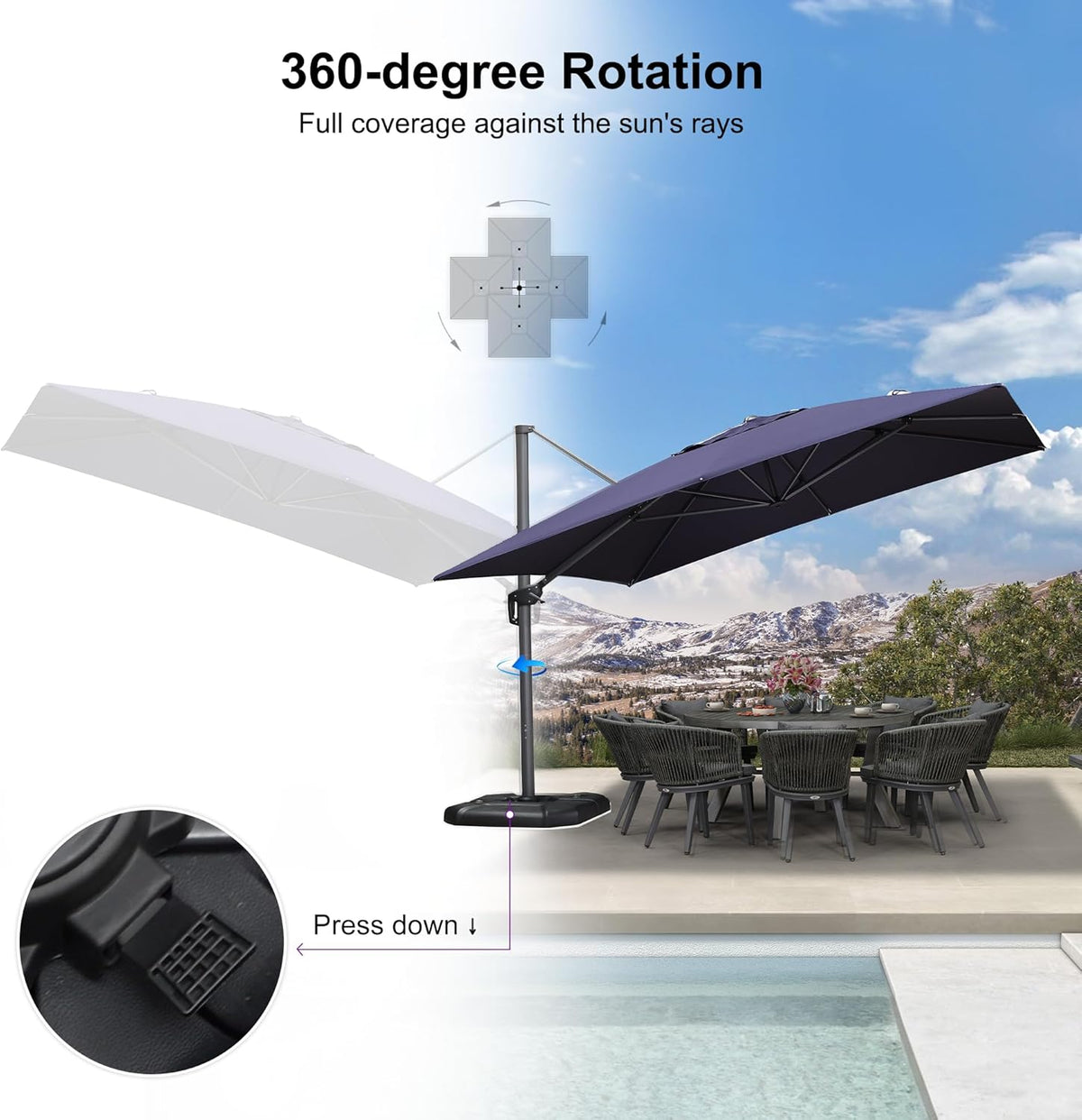 PURPLE LEAF 11.5' X 11.5' Telescopic Patio Umbrella Outdoor Cantilever Umbrella Square Up Down Lifting Offset Umbrella with 360-degree Rotation for Garden Deck Pool Patio Navy