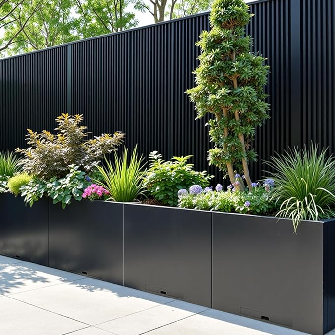 KOL Galvanized Steel Planter Box, with Insert Tray Drainage Holes, Rectangular Black Powder Coated Metal Planter, Outdoor Use, Heavy Duty Modern Flower Pot (Black, 36" H x 11" W x 32" L)