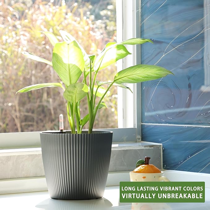 Dexceder 9x8 Self Watering Planters Indoor, Inner Mat Design, Table Flower Plant Pot with Water Level Indicator (2 Pack, Gray)