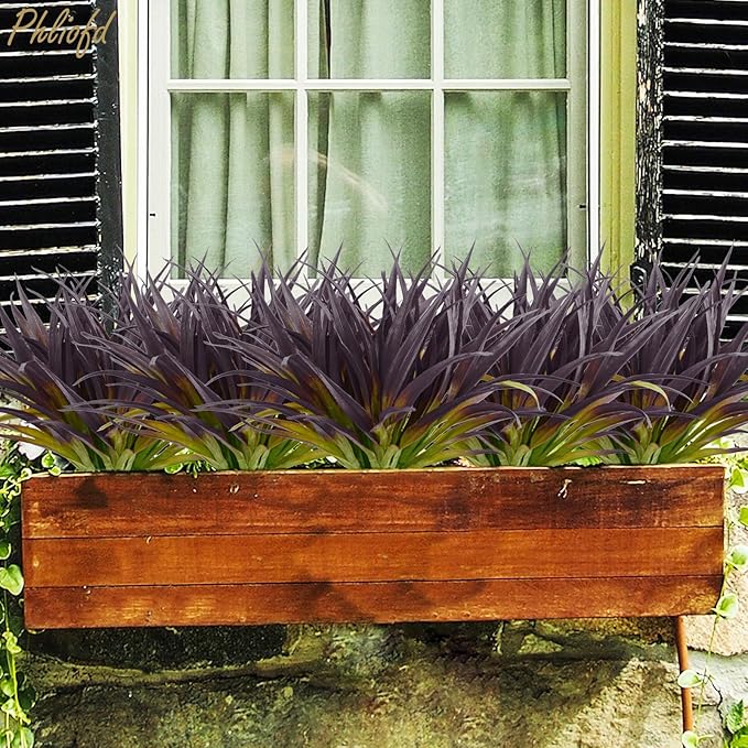 6Pcs Artificial Grass Fake Grass Plants 17.3in Outdoor Plants UV Resistant Faux Greenery Stems for Home Window Garden Office Patio Pathway Front Porch Halloween Décor Light Green & Purple