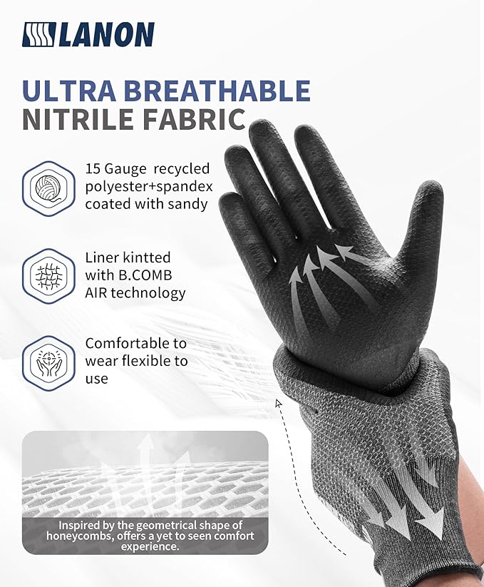 LANON Gardening Gloves for Men Women, 2 Pairs Nitrile Coated Garden Gloves with Grip, Breathable B.COMB AIR Technique, Dusty Olive & Bluebird, XLarge