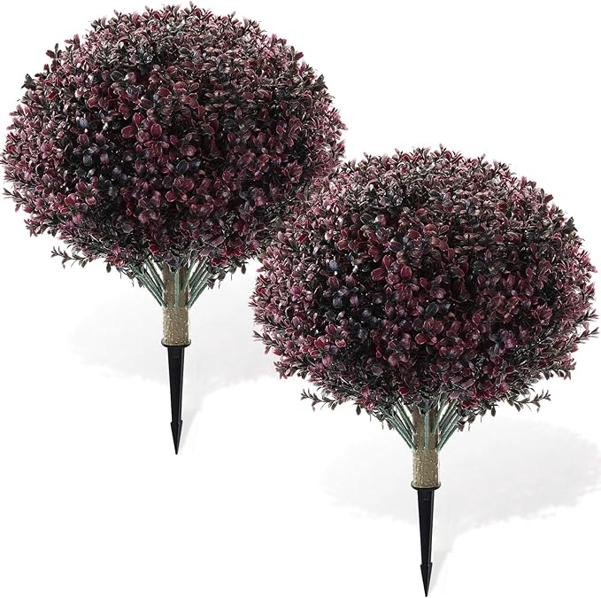 Yunlly 2 Pack 18" Artificial Boxwood Ball Bush Topiary Trees Fake Outdoor Plants, Realistic UV Resistance Faux Shrubs with Spike Greenery Topiary for Front Porch Garden Yard Patio Indoor (Dark Purple)