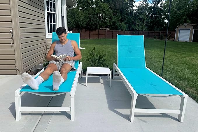 PURPLE LEAF Outdoor Chaise Lounge Staight Legs Adjustable Sunbathing Recliner with Side Table Blue 2 Sets