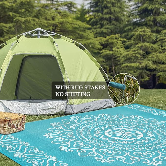 Pauwer Waterproof Outdoor Rug 8x10, Reversible Plastic Straw Patio Camping Rug, Indoor Outdoor RV Mat Carpet for Deck, Camper, Porch, Balcony, Backyard, Picnic, Floral Teal