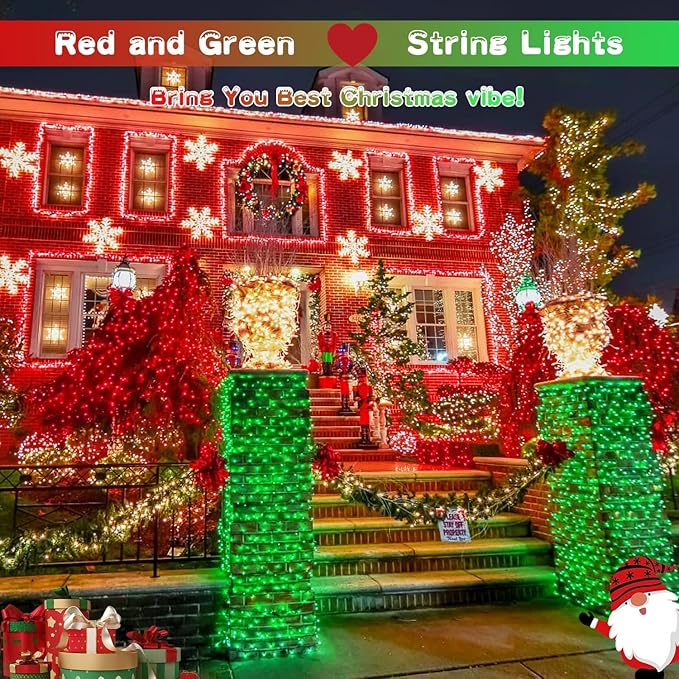 JMEXSUSS 200 LED Christmas String Lights Outdoor, Red & Green Christmas Lights Clear Wire, 11 Modes Connectable Twinkle String Lights Plug in for Christmas Halloween Garden Home Decorations