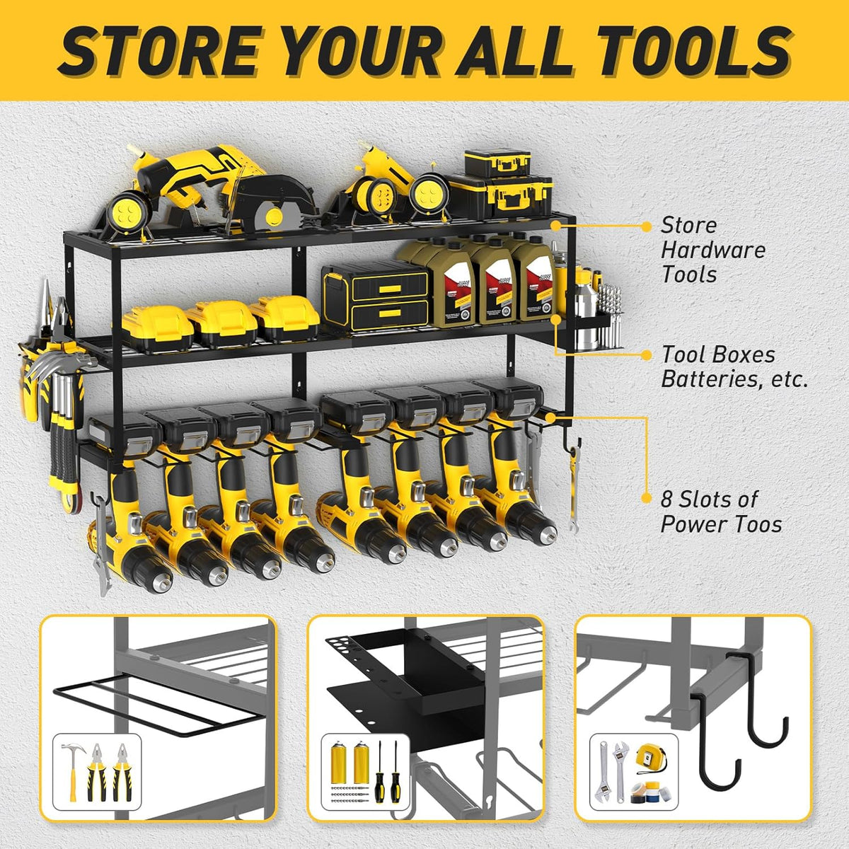 Large Power Tool Organizer Wall Mount for Fathers Dad, 3 Extra Large Layers Heavy Duty Metal Garage Organization Loads 300lbs with 8 Cordless Drill Holder, Power Tool Shelf for Workshop, Utility Racks