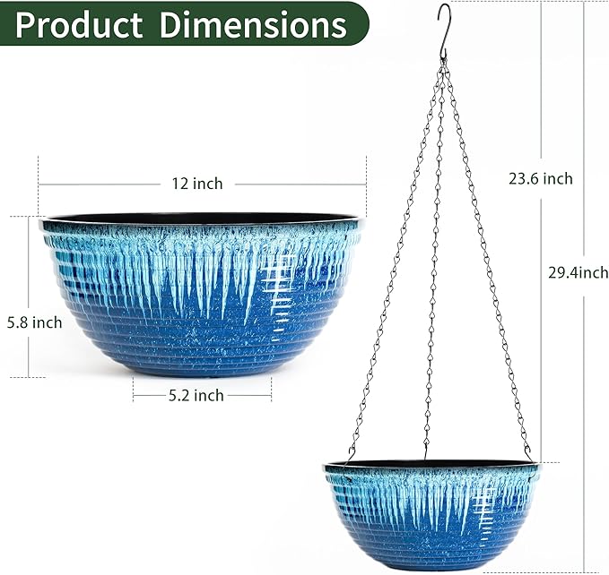 12 inch Hanging Planters for Indoor Outdoor Plants, 2 Pack Large Hanging Flower Pots with Drainage Holes and Chain, Glazed Hanging Baskets for Home Garden Decoration (Blue Flow Glaze)