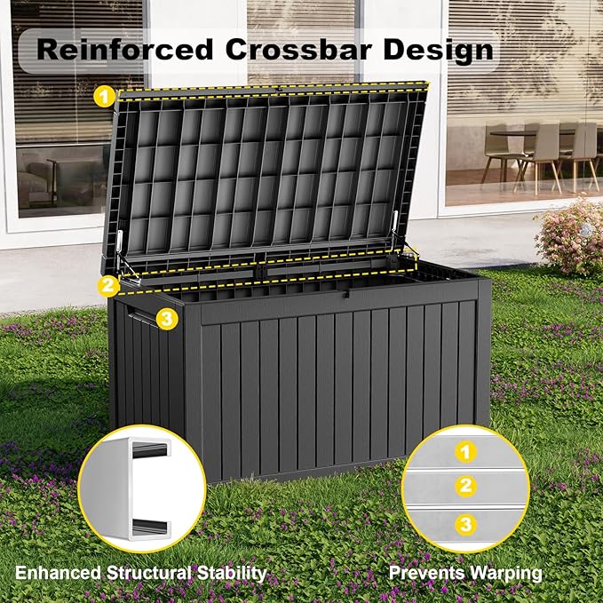 230 Gallon Outdoor Deck Box,Storage Lockable Waterproof Patio Furniture,Garden Tools,Cushions,Pool Accessories Outside Storage Resin Box(Black)