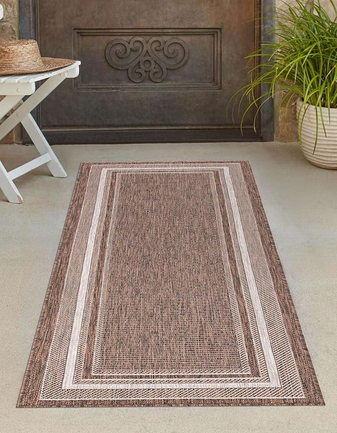 Unique Loom Outdoor Border Collection Area Rug - Soft Border (2' x 8' Runner, Brown/ Ivory)