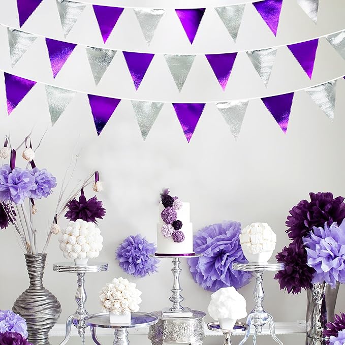 Purple and Silver Party Decorations Triangle Pennant Banner Flag Metallic Fabric Bunting Garland for Birthday Graduation Retirement Bachelorette Wedding Bridal Shower Engagement Disco Party Supplies