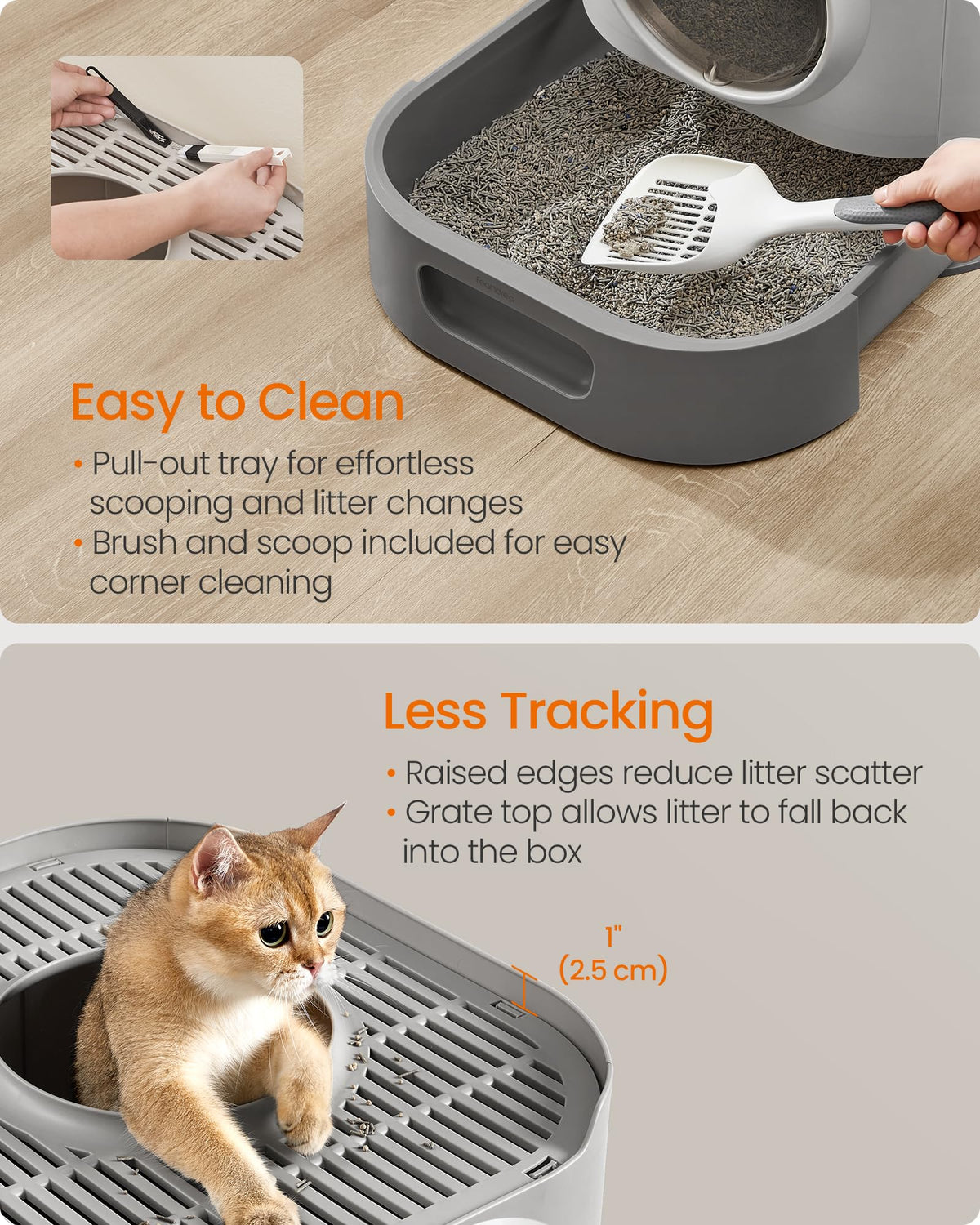 Feandrea Cat Litter Box with Lid, XL Enclosed, Slide-Out Tray, Scoop