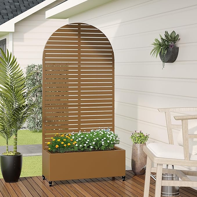 Casaphoria Metal Raised Garden Bed with Trellis and Wheels, 72"x35"x16" Arched Planter Box for Climbing Plants, Vegetables & Vines, Features Drainage Holes and Privacy Screen (Brown-Louvered)