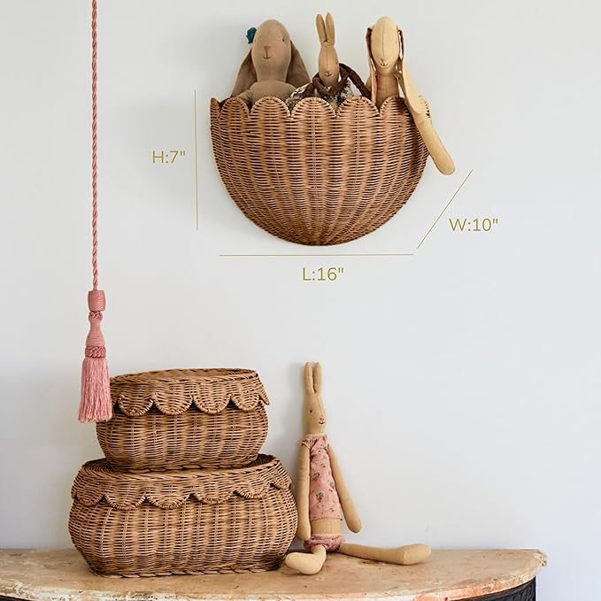 BEBE BASK Scalloped Wicker Hanging Basket - The Original Wicker Wall Decor - Hand Woven Wall Basket - Home Décor Wall Hanging Basket - Wall Storage Basket for Nursery, Living Room and Bathroom (Mocca)