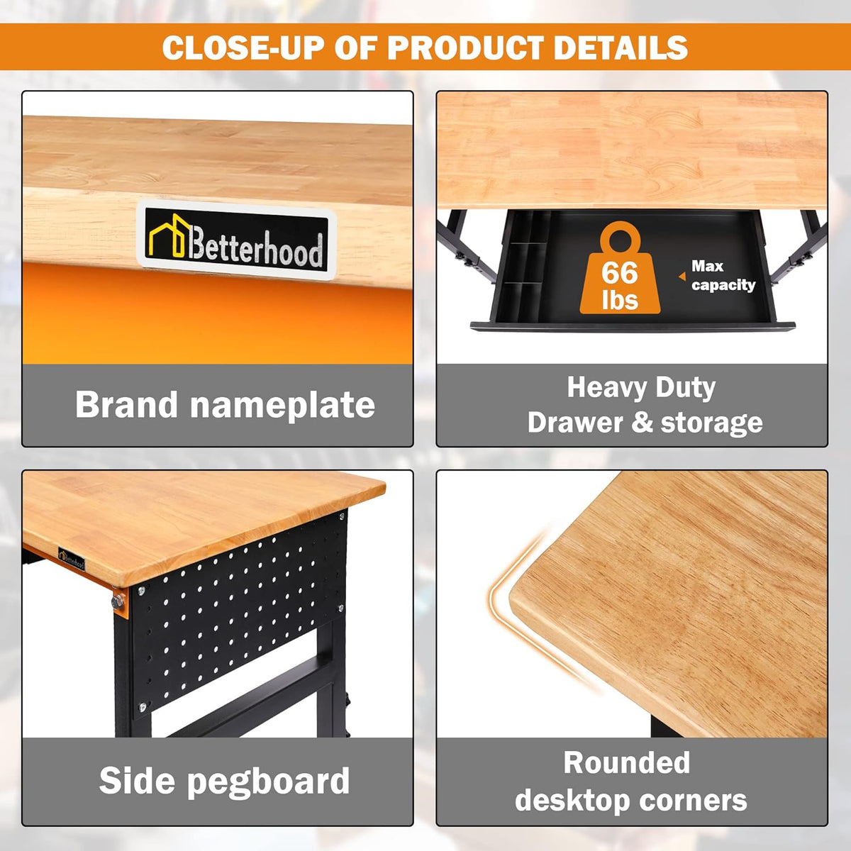60" Heavy-Duty Adjustable Workbench for Garage, Rubber Wood Shop Table W/Double Pegboards & Drawer,Hardwood Workstation Weight Capacity Over 2000 Lbs