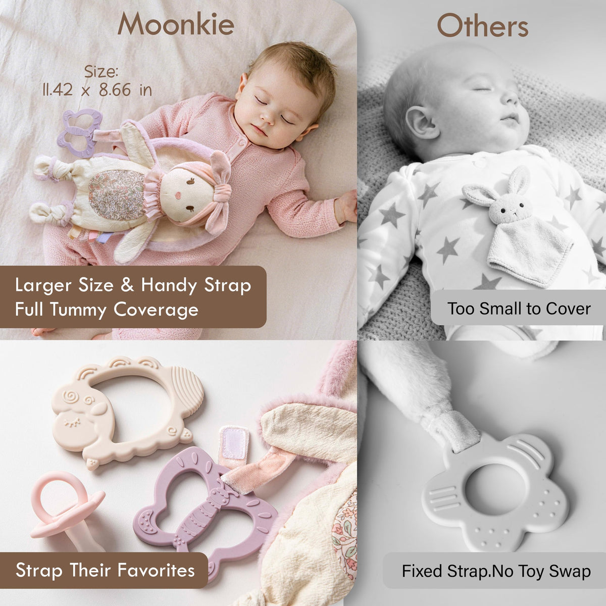 Moonkie Baby Lovey with Silicone Teether, Bunny Security Blanket with Textured Ribbons, Crinkle Toys, Soft Minky Velour & Natural Cotton, Newborn Girl Gift for Baby Shower or Birthday