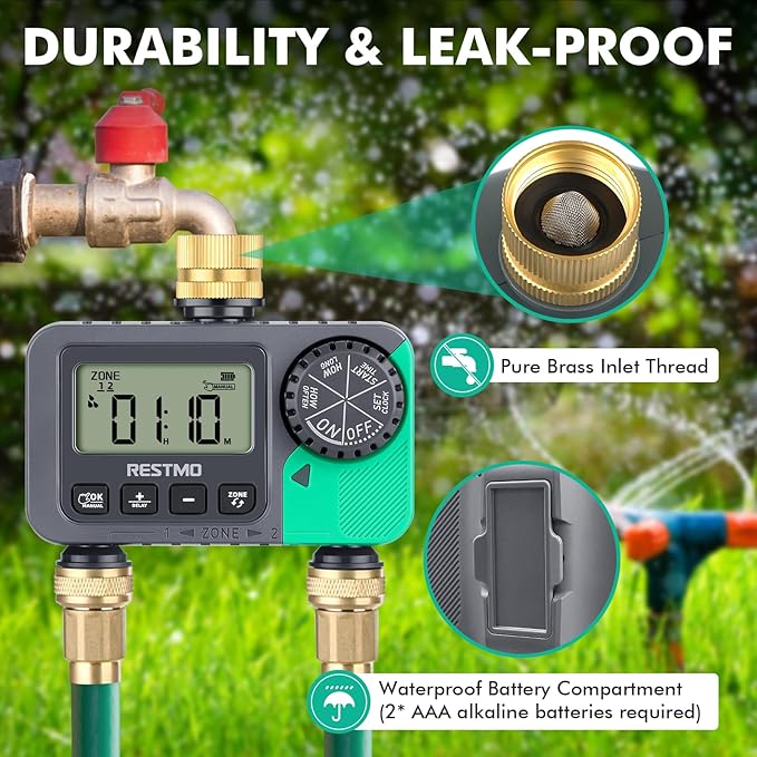 RESTMO Water Timer for Garden Hose, Sprinkler Timer with Brass Inlet, Automatic Digital Control | Manual ON/Off | Rain Delay, for Outdoor Faucet, Drip Irrigation and Lawn, 2 Outlet