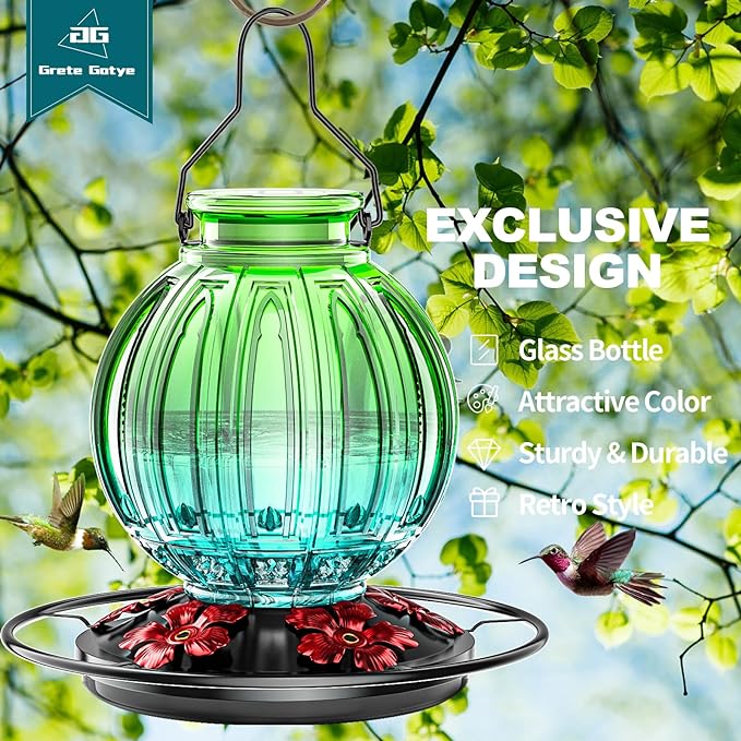 2 Pack Glass Hummingbird Feeder for Outdoors Hanging, Bird Nectar Feeder with Perch & 5 Flower Feeding Ports, 26 Oz Leak Proof for Outside Garden Decor Backyard, Gifts for Women Mom, Red & Green Blue