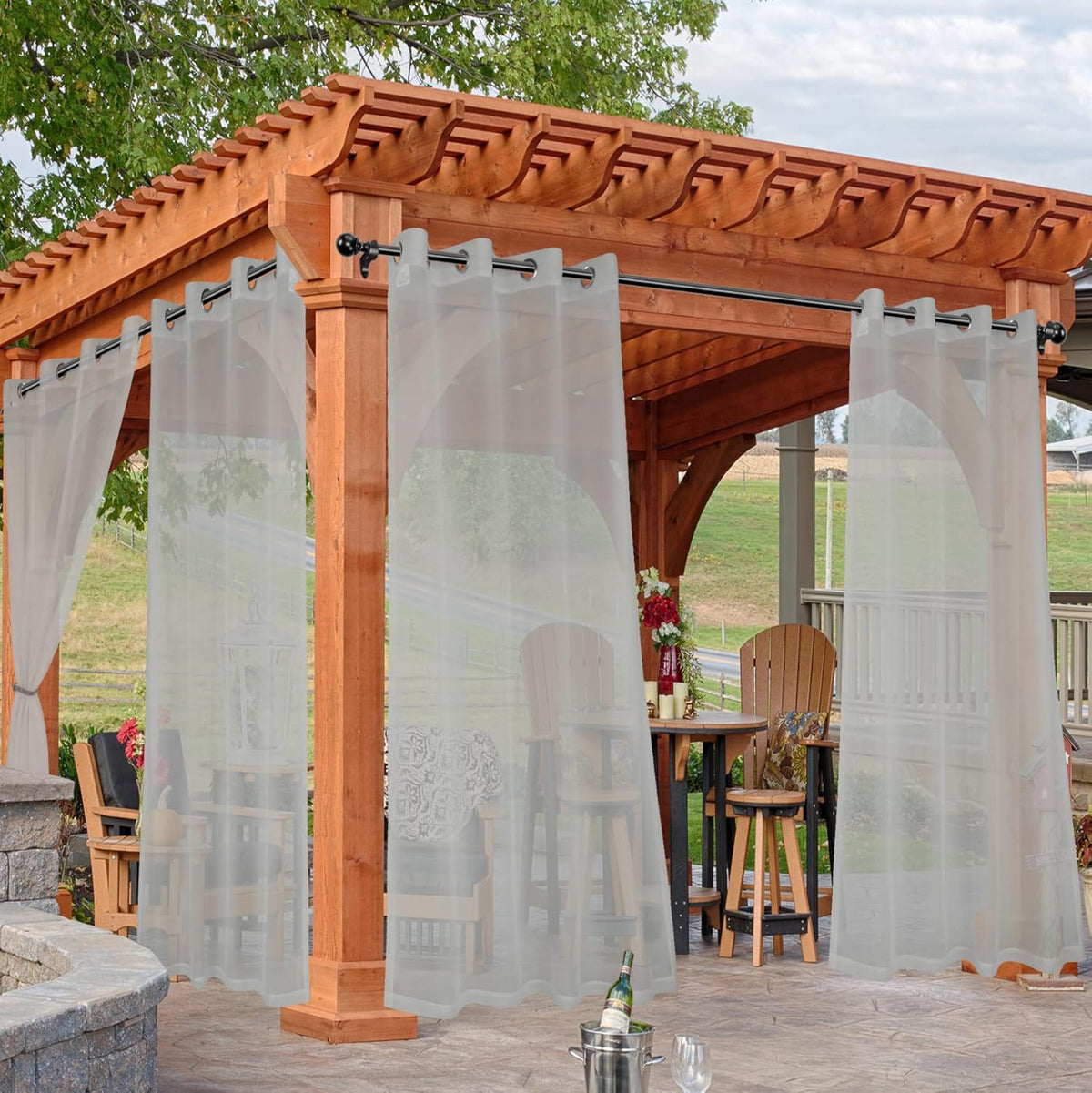 HolidayIdeas Outdoor Sheer Curtains for Patio Waterproof, 4 Panels - 54 x 95 Inch - Cloud Grey Light Filtering Voile Outside Curtains Grommet Drapes for Front Porch, Gazebo, Pergola, Backyard