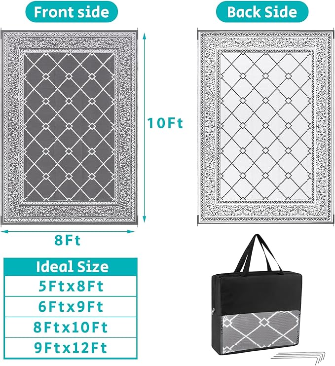 HEBE Outdoor Rug Waterproof 8x10, Reversible Plastic Straw Rug RV Camping Rug, Indoor Outdoor Patio Mat Clearance, Outside Carpet for Porch,Deck,Camper,Balcony,Backyard,Picnic
