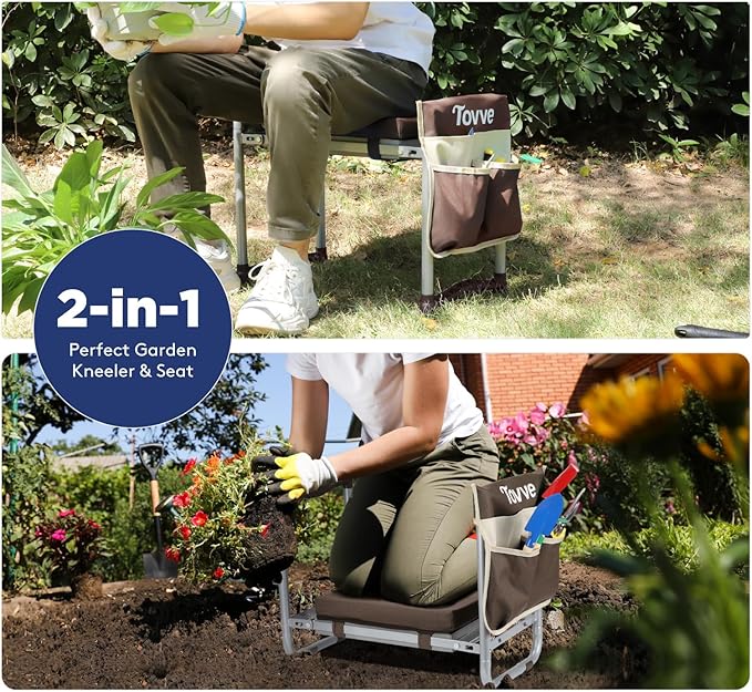Foldable Garden Kneeler and Seat, Heavy Duty Garden Stool with 10" Wide Detachable Kneeling Pad, Portable Garden Bench Chair with Large Garden Tool Bag, Gardening Gifts for Women, Seniors, Mom
