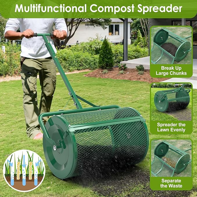 Seeutek Compost Spreader - 24" Peat Moss Spreader with 3 Heights, Top Soil Spreader W/Upgraded Side Latches Support Rod Powder Coated Metal Mesh Top Dressing Spreader for Lawn, 2 Way Uses-Push or Tow