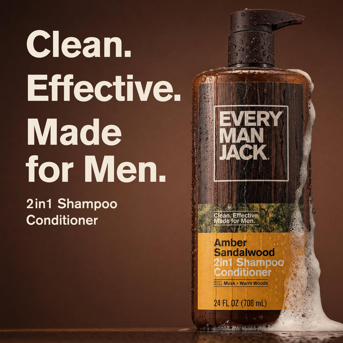 Every Man Jack Men's Shampoo & Conditioner 2-in-1, Amber Sandalwood, 24 oz